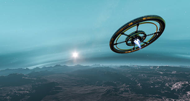 istock Futuristic Orbital Space Station Over Alien Planet Surface at Sunrise 2251099012