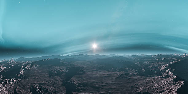 istock Distant Planet Landscape with Sunrise and Stars in a 3D Rendering Environment 2251099017