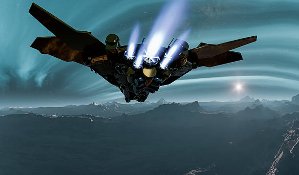 istock Futuristic Spaceship Over Hills Under Night Sky in 3D Rendering 2251099051