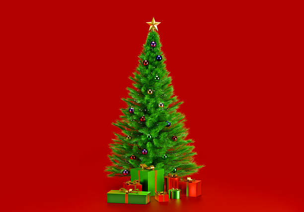 istock Decorated Christmas tree with presents for new year on red background 2251101685