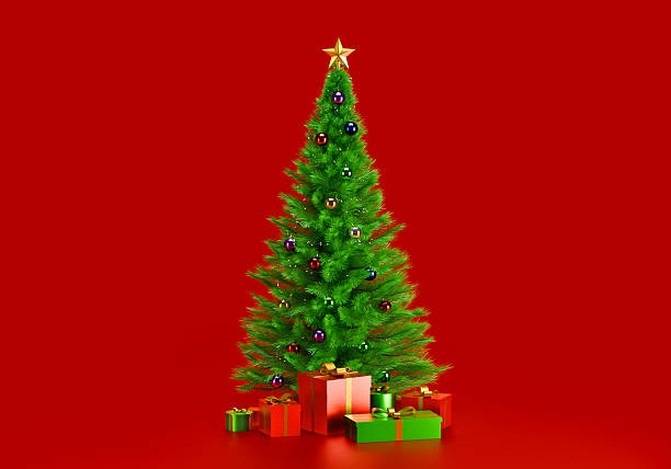 istock Decorated Christmas tree with presents for new year on red background 2251101687