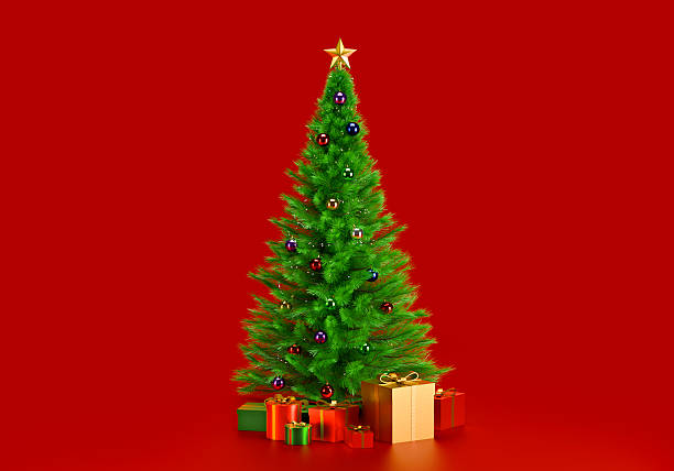 istock Decorated Christmas tree with presents for new year on red background 2251101731