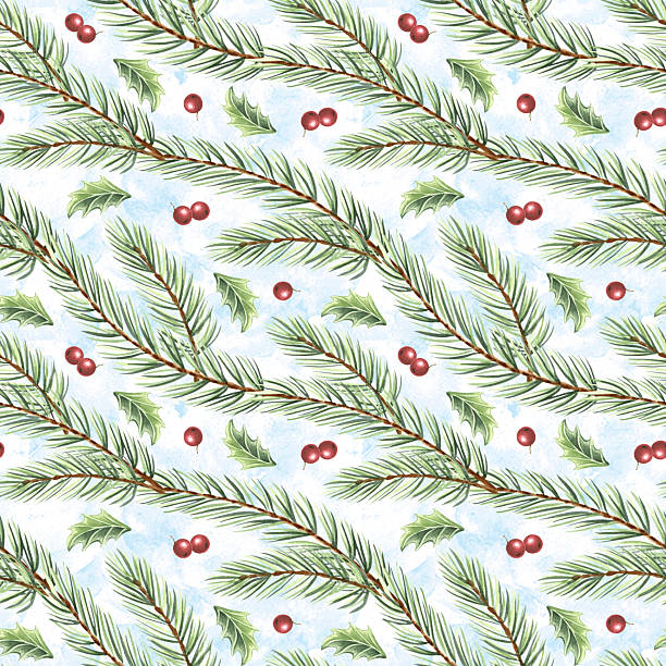 istock Watercolor pine branches with holly berries and leaves seamless pattern for Christmas. Hand-drawn illustration spruce twigs for winter holiday decor. Natural background of forest plant for textile. 2251105905
