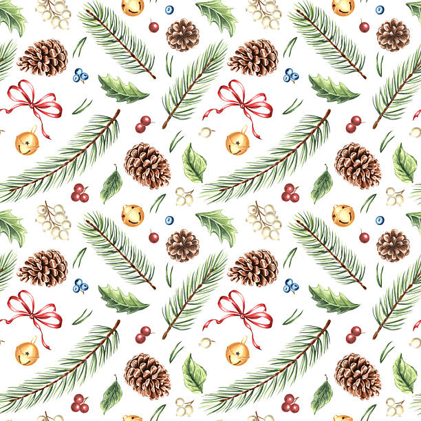istock Christmas seamless pattern. Watercolor pine branches with cones, red bows and round bells. Hand-drawn illustration of spruce twig for winter holiday decor. Festive background for textile, wallpaper. 2251106257