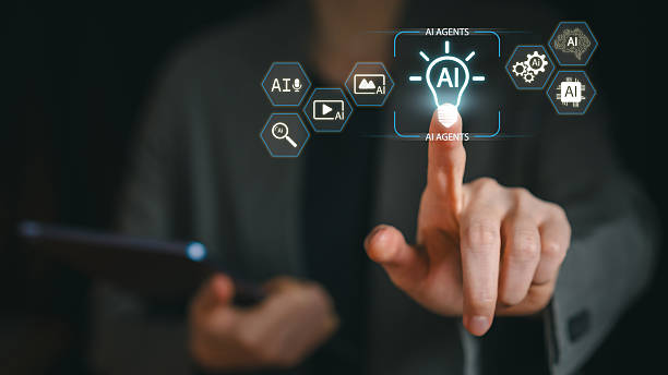 istock Businessman holding tablet and touching virtual AI Agents light bulb. Artificial Intelligence innovation concept with multimedia icons (voice, video, image). Smart digital assistant technology. 2251113964
