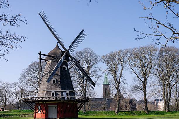 A classic wooden windmill stands tall among winter trees, showcasing traditional Danish rural architecture.