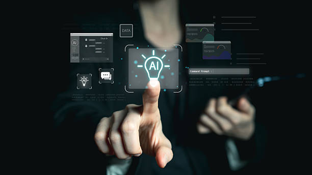 istock Businessman touching virtual light bulb AI icon. Artificial Intelligence innovation and creative idea concept. Smart technology solution and digital transformation background. 2251122348