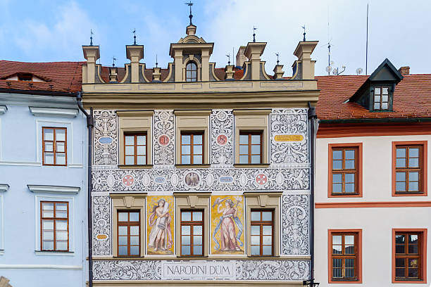 Prachatice, Czech Republic - September 28, 2025: View of the Velke Square, with decorated buildings, in Prachatice, the South Bohemian Region of the Czech Republic