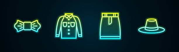 istock Set line Bow tie, Shirt, Skirt and Man hat. Glowing neon icon. Vector 2251128775