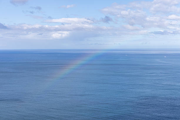 Gentle rainbow over the open ocean, blending with pale sunlight and drifting clouds in a peaceful atmosphere of calm water and vast horizon