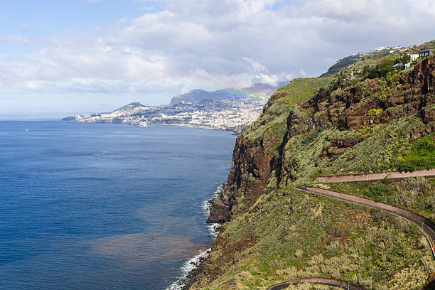 Panoramic view of Madeira steep coastal cliffs with winding road, overlooking blue Atlantic and distant white buildings of Funchal under soft clouds