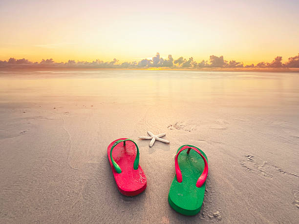 istock green and red sandals on summer beach background at sunset. 2251132344
