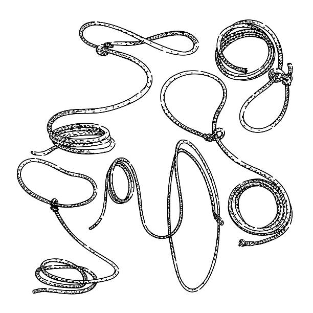 Collection of hand drawn lasso ropes, knots and coils in black and white line art, western ranch and cowboy themed design elements for logos, patterns and crafts