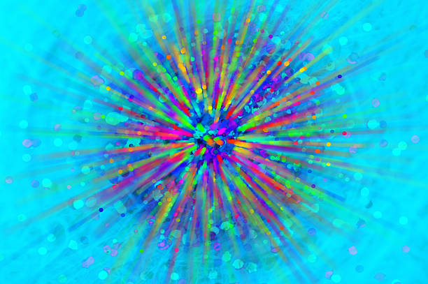 A dynamic, colorful explosion of rainbow rays radiates from a central point, with glittering confetti and bokeh dots. Energetic, festive, and modern, it evokes celebration, creativity, and high-impact visuals.