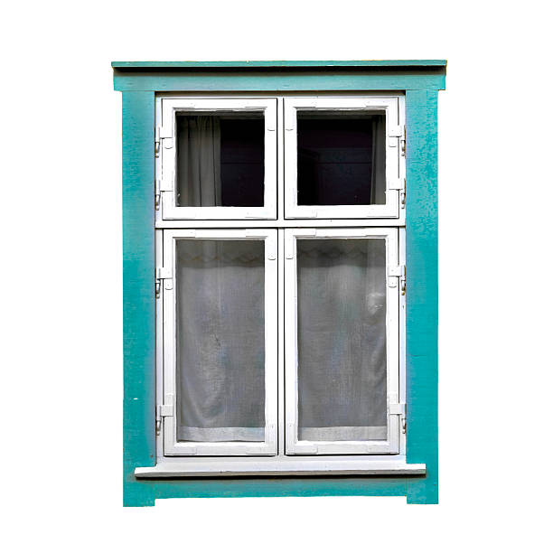 closed old white window with turquoise blue frame isolated on white background
