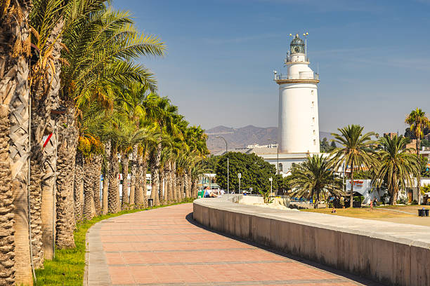 Malaga, Spain - September 12, 2024: Coastal pathway with palm trees leading to a lighthouse on a sunny day.