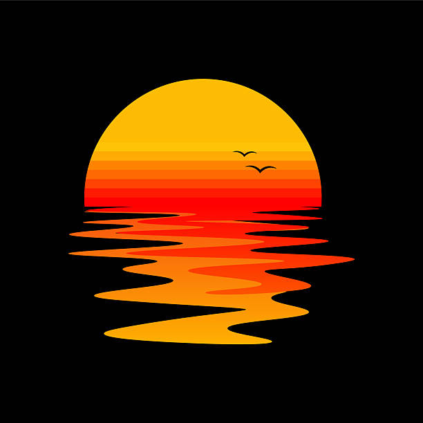 This retro sunset vector illustration features a warm gradient sun, a vibrant sunset reflection over water, and flying bird silhouettes on a black background.