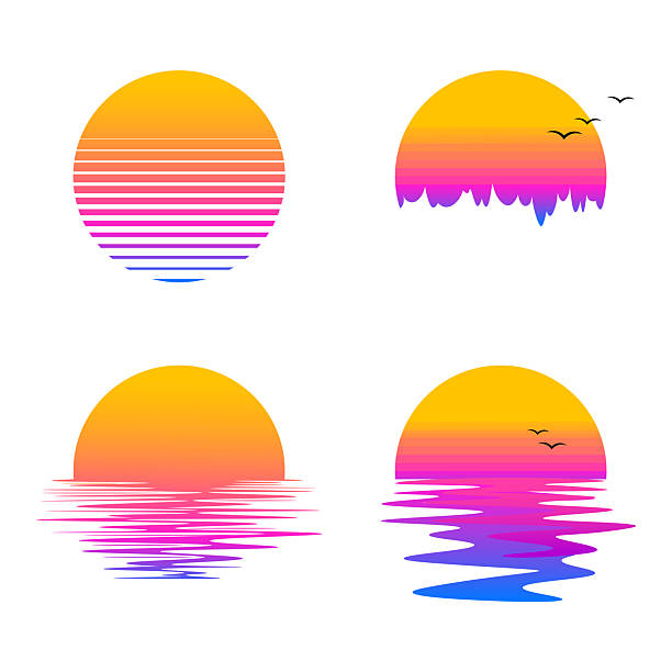 Four sunset icons with sun reflection, horizon line, gradient colors and minimal illustration style.