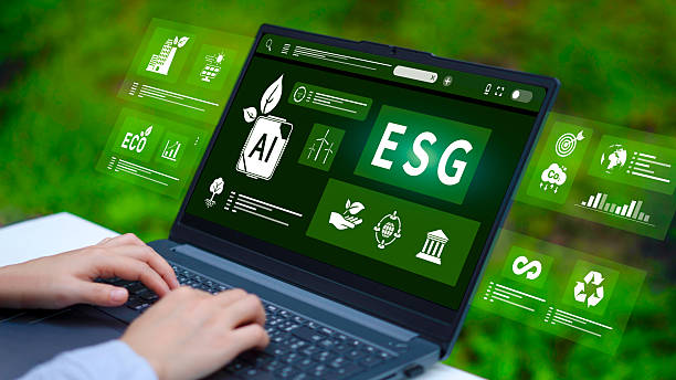 istock Business person working on laptop with virtual screen displaying ESG performance metrics AI and environmental icons for sustainable corporate management. 2251145729