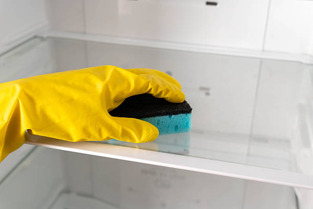 istock Cleaning a refrigerator shelf with a sponge in a kitchen during the day 2251145991