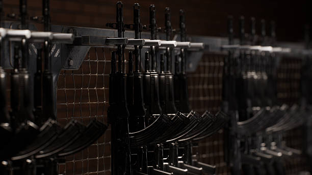 Hunting rifles on the stand of the store. Weapon