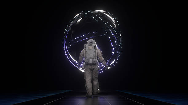 Astronaut walking toward a glowing futuristic energy sphere in a dark sci-fi environment. The scene features dynamic reflections, neon trails, and a mysterious high-tech atmosphere. Ideal for concepts of exploration, the unknown, futuristic technology, space travel, and cosmic mysteries.