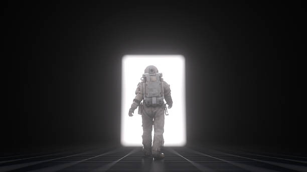 Astronaut walking toward a bright glowing doorway in a dark futuristic environment. The illuminated portal creates a strong contrast with the shadows, symbolizing exploration, mystery, and transition to the unknown. Ideal for sci-fi, technology, and space travel concepts.