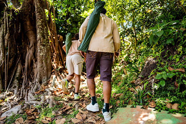 Father and son walking on nature