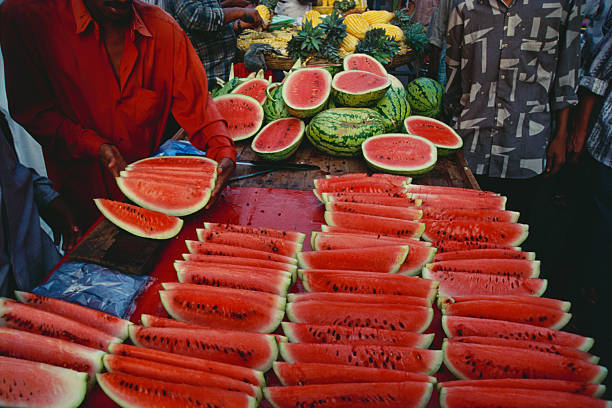 close-up of watermelons at the market