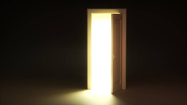 istock Door of Light — 3D Open Door in Dark Studio 2251155434