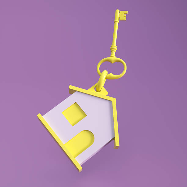 3D Home Key with House Keychain on Purple Background — Minimal Pastel Render