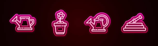 istock Set line Watering can, Flower pot, and Garden hose or fire hose. Glowing neon icon. Vector 2251157845