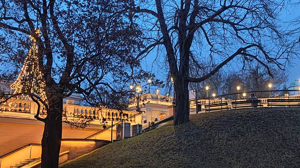 Evening park scene with glowing holiday lights, bare trees and festive architecture under a blue twilight sky. Concept of peaceful winter ambiance, seasonal charm and quiet city celebration