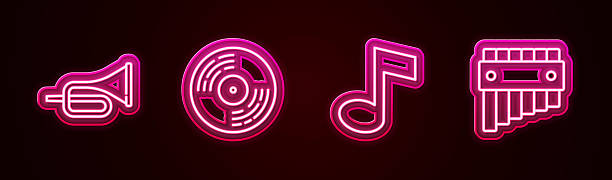 istock Set line Trumpet, Vinyl disk, Music note, tone and Pan flute. Glowing neon icon. Vector 2251158894