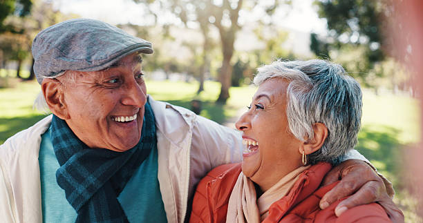 istock Old couple, selfie or hug in park with smile for connection, commitment or healthy relationship. Happy people, elderly man and senior woman outdoor for embrace, love photography and bonding together. 2251159462