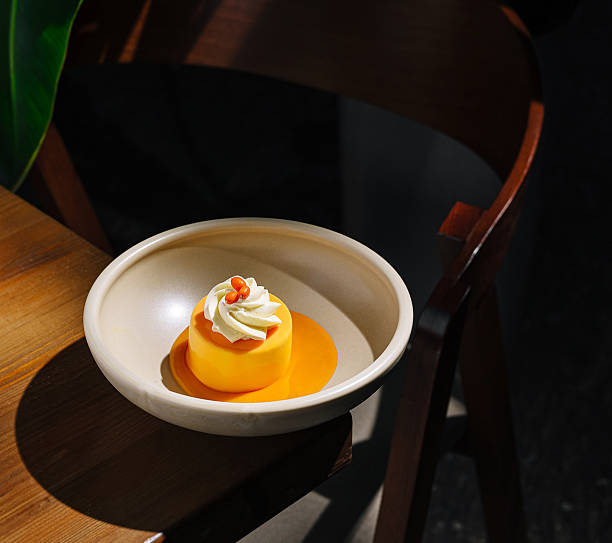 Delicious dessert on a table in a cozy cafe surrounded by greenery