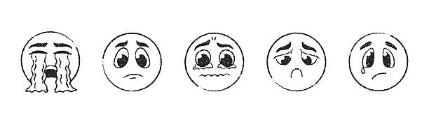 Hand-drawn sad emoji faces with crayon and pastel texture. Emoticons showing various unhappy moods, sadness, tears, crying, frustration, resentment expressions. Vector characters with scribble strokes