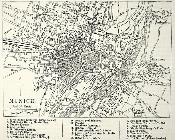 German history, City map, plan of Munich Germany, Victorian, Vintage illustration 19th century 1870s