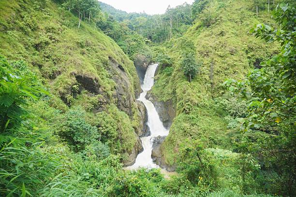 Majestic multi–tier waterfall flowing through lush green cliffs in a tropical rainforest.
