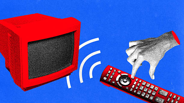 Digital artwork. Retro TV and remote with dynamic hand gesture in vibrant photocopy pop look. Concept of media evolution, editorial stories, nostalgic ads, bold digital marketing visuals.