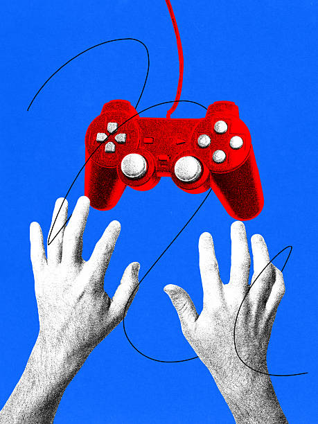 istock Graphic composition. Red game controller floating above hands in retro photocopy style. 2251168375