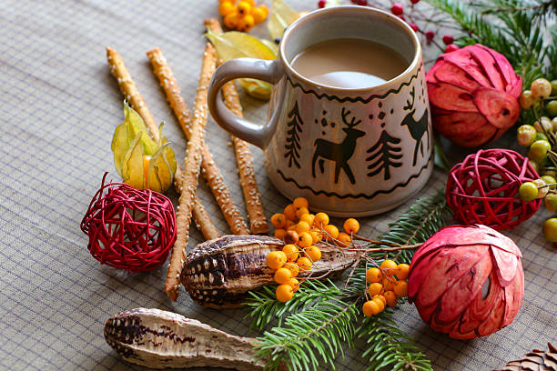 istock Rustic Christmas Still Life with Coffee, Decorative Berries and Breadsticks 2251168747
