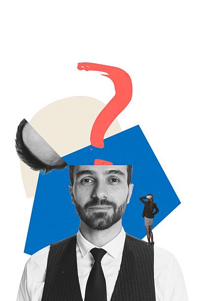 istock Surreal collage of a man with a bold question mark above his head and a tiny figure observing 2251180436