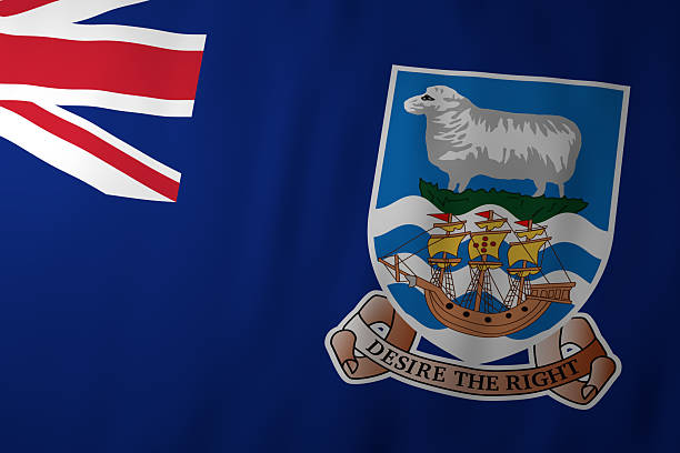 The image shows the flag of Falkland Islands, featuring its deep blue field, the Union Jack in the upper corner, and the territorial coat of arms with a sheep and a historic ship.