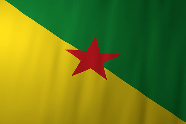 The image shows the flag of French Guiana, featuring its diagonal green and yellow fields with a bold red star at the center.
