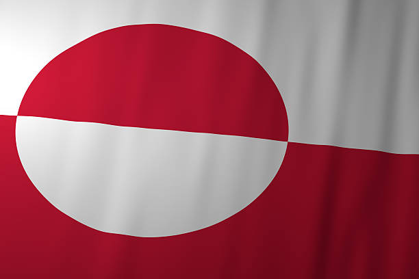 The image shows the flag of Greenland, featuring its distinctive red and white horizontal fields with a bold half-red, half-white circle slightly offset to the left.