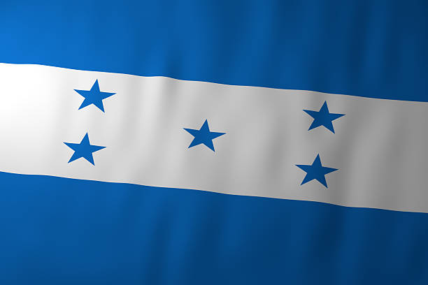 The image shows the national flag of Honduras, featuring its horizontal blue and white stripes with five blue stars arranged in an X pattern at the center. The gently waving fabric highlights the clean design and symbolic representation of Central American unity.