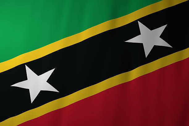The image shows the national flag of Saint Kitts and Nevis, featuring its distinctive diagonal design. The green, yellow, black, red, and white colors stand out with two prominent white stars symbolizing hope and liberty.
