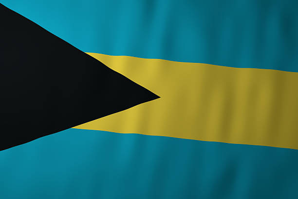 The image shows the national flag of the Bahamas, featuring two aquamarine bands representing the sea and a central gold stripe symbolizing the nation's natural resources. A black triangle on the left signifies the strength and determination of the Bahamian people.