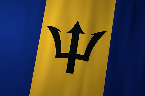 The image shows the national flag of Barbados, composed of two ultramarine blue stripes on the sides and a golden middle band. At the center stands a black trident, symbolizing the nation’s independence and connection to the sea.